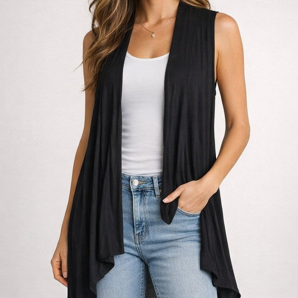 Supernova Black Sleeveless Open Front Cardigan Lightweight Draped Large Stretch!